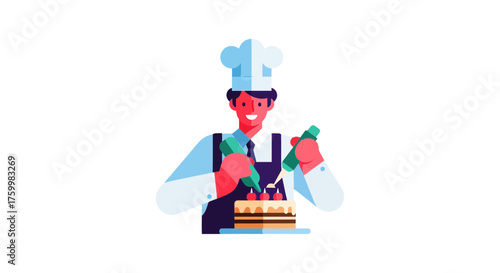 Artistic Baker Decorating Cake with Icing and Cherries Isolated on Black Background