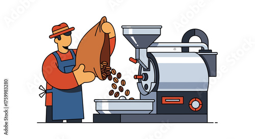 Artistic Coffee Roasting Illustration: A Professional Filling the Machine