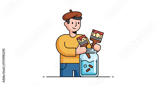 Artistic Illustration Depicting a Painter Holding Brushes and a Jar with Clean Water