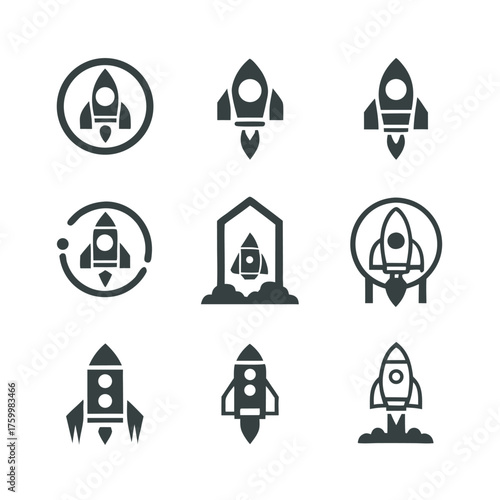 Various monochrome rocket ship icons show symbolic flight and technology launch concepts