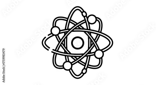 Atomic Illustration Displayed On Black Background With White Lines And Spherical Orbs