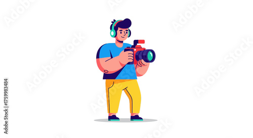 Camera Operator Listening Music Creating Moving Image Production Illustration