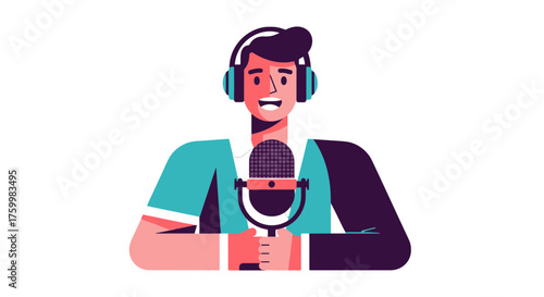 Audio Creator Holding A Microphone And Wearing Headphones With A Black Background