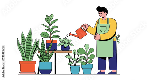 Caring For Houseplants: A Gardener Watering Plants with an Apron and a Watering Can