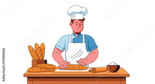 Baker Crafting Fresh Loaves of Bread in a Culinary Animated Illustration