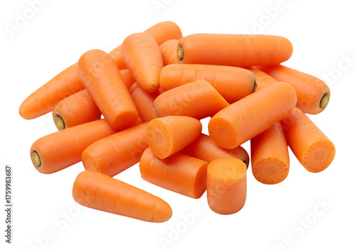 Pile of fresh baby carrots isolated on transparent background