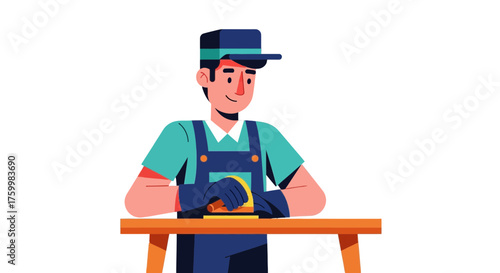 Cartoon Artisan Polishing Furniture, Professional Carpenter Working Smoothly On Wood