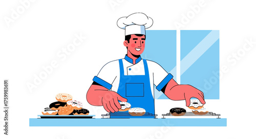 Bakery Chef Preparing Delicious Decorated Donuts For Sweet Dessert Enjoyment Anytime of Day