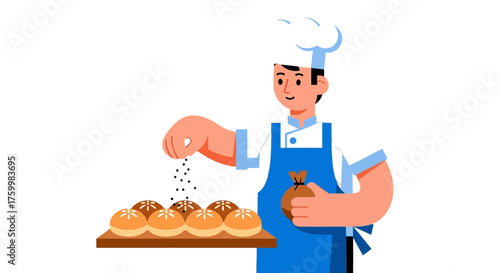 Bakery Chef Preparing Loaves of Bread, Adding Spices on a Dark Background Illustration