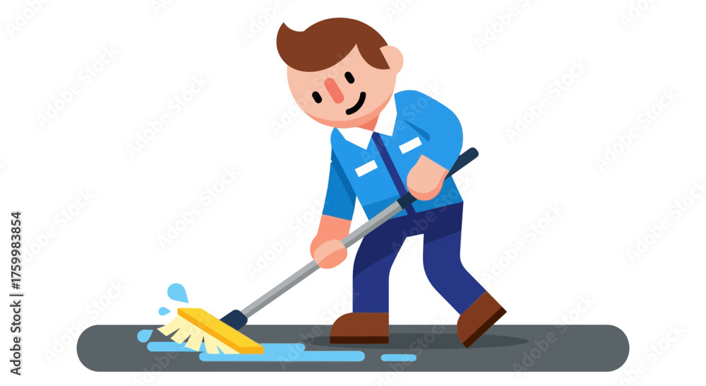 Obraz premium Cartoon Cleaner Sweeping Water Cleanliness Concept for Hygiene and Professionalism