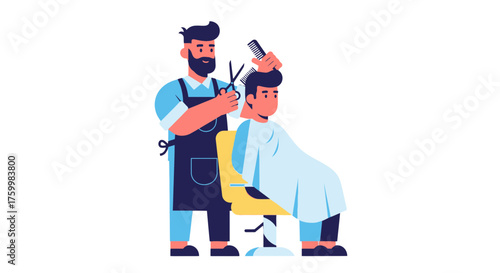 Barber Haircut Illustration Depicting Customer Experience in Minimalist Style on Black