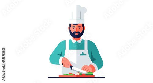 Cartoon Chef Slicing Vegetables On Cutting Board Preparing Culinary Delights