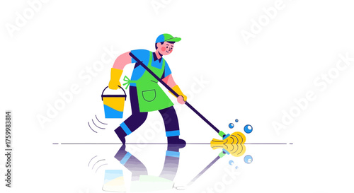 Cartoon Cleaner Sanitizing Surface, Mopping to Remove Stains and Bringing Cleanliness