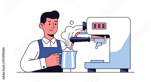 Barista Brewing Espresso Drinks With Professional Machinery, Illustrated Cartoon Concept