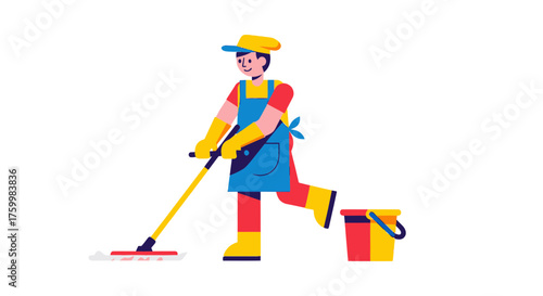 Cartoon Cleaner Pushing Mop with Bucket, Maintaining Cleanliness and Hygiene in Simple Style