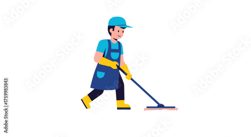 Cartoon Cleaner Sanitizing Surface Area Using Mop Depicting Cleaning Activity