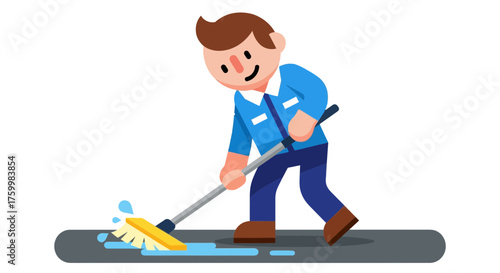 Cartoon Cleaner Sweeping Water Cleanliness Concept for Hygiene and Professionalism