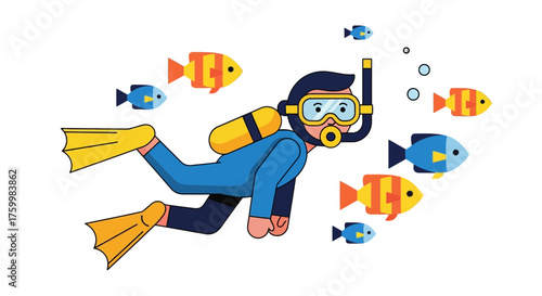 Cartoon Diver Swimming Beside Colorful Fish in a Deep Black Sea, Underwater Exploration