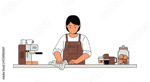 Barista Cleaning Counter Preparing Cafe Service Workspace Vector Illustration