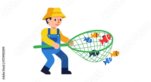 Cartoon Fisherman Pulls Net Filled With Colorful Fish Against Black Background
