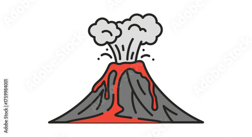 Cartoon Illustration Of Erupting Volcano With Red Lava And White Smoke Illustration