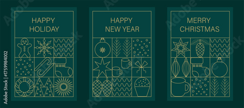 Geometric Line Art Christmas and New Year Holiday Cards Set