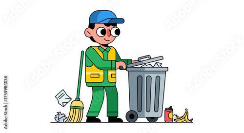 Cartoon Janitor Cleaning Trash Can in a Clean Environment for a Spotless Area