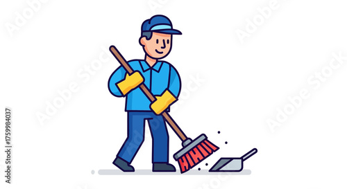 Cartoon Janitor Sweeping Away Debris With Great Care And Determination For His Task