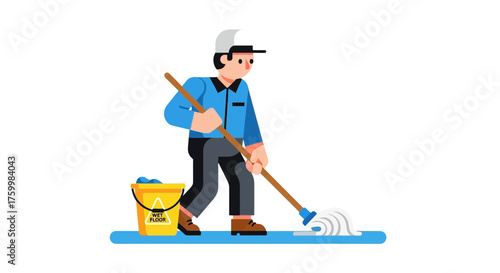 Cartoon Janitor Moping The Floor In Dynamic Action With Professional Appearance