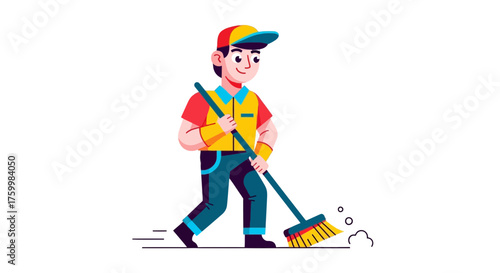 Cartoon Janitor Sweeping Vector Illustration Against a Stark Black Backdrop for Design