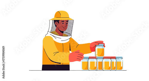Beekeeper Carefully Arranging Jars of Golden Honey, Product of Hard Labor and Care