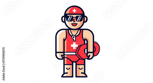 Cartoon Lifeguard Stands Confidently Ready to Protect Others at a Beachside Poolside Setting