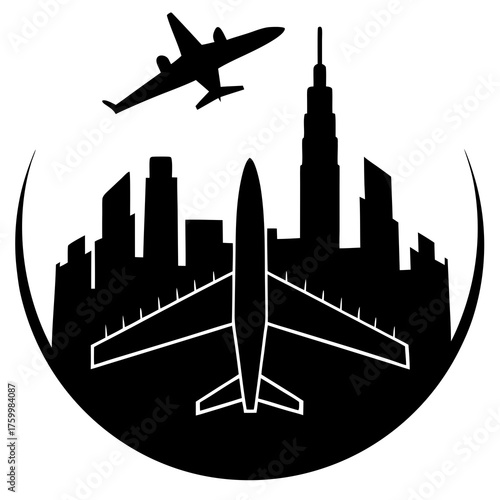 Airplane flying over city skyline silhouette isolated on white background silhouette