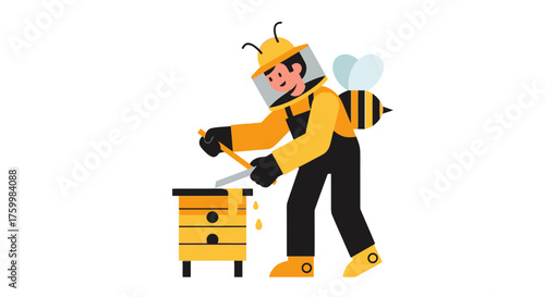 Beekeeper Inspecting Hive and Preparing Honeycomb Harvest, Cartoon Illustration on Black