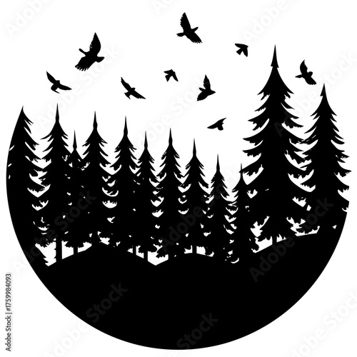 Flock of birds flying over pine forest silhouette isolated on white background