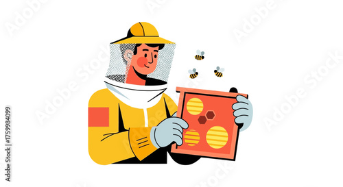 Beekeeper Inspecting Honeycomb Frame And Observing Flying Bees On Black Background