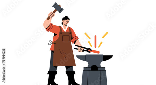 Blacksmith Hard At Work Shaping Metal In A Forge With Hammer And Anvil