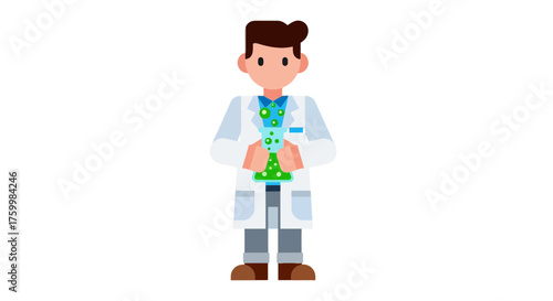 Cartoon Scientist Holding a Chemical Flask On a Black Backdrop for Research Purposes