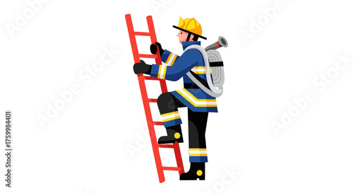 Brave Firefighter Climbing a Ladder to Extinguish Flames and Protect Lives Against Danger