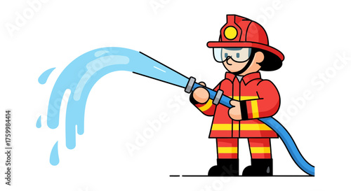Brave Firefighter Character Extinguishing Flames With Powerful Stream of Water