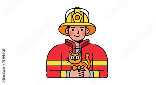 Brave Firefighter Holding A Rescued Cat Against A Backdrop Of Darkness Scene