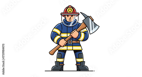 Brave Firefighter Ready For Action With An Axe, Courageously Facing The Flames Head On