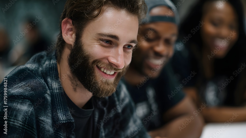Obraz premium A diverse group of colleagues enthusiastically collaborating and sharing ideas while smiling and laughing during a meeting
