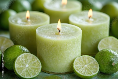 Green candles on background of limes. Decorative candle with citrus aroma.