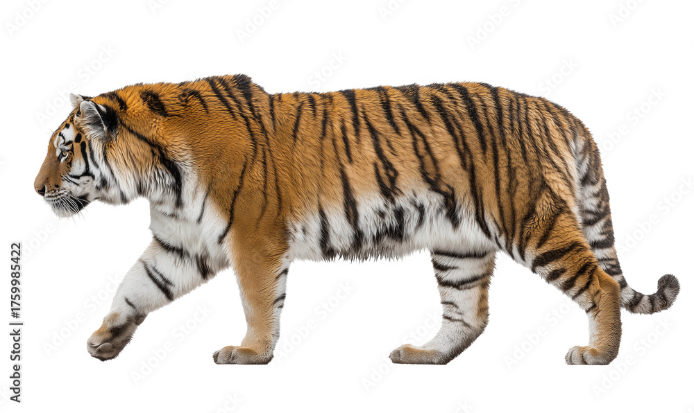 Fototapeta premium Tiger walking gracefully across a plain background with striking orange and black stripes Generative AI