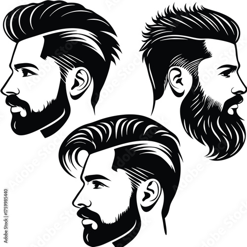 Three stylish bearded men showcase their trendy haircuts in striking black and white profile