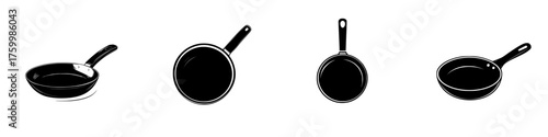 Different styles of frying pans displayed in a minimalist design on a white background showcasing kitchen cookware diversity