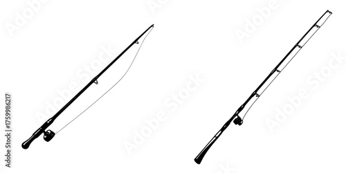 Fishing rods displayed against a plain background, showcasing various designs for anglers and outdoor enthusiasts during daytime