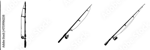 Different perspectives of a fishing rod displayed against a plain background