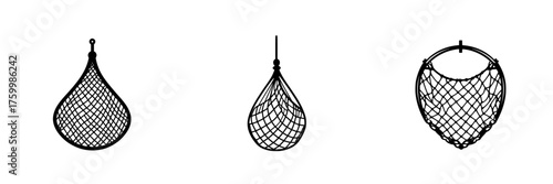 Different styles of fishing nets on a white background showcasing their unique designs and shapes for a marine context